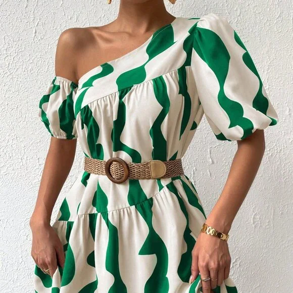 Boho Smock Dress, Asymmetrical Neck Puff Sleeve Ruffle Hem Mini dress - Picture 2 of 6